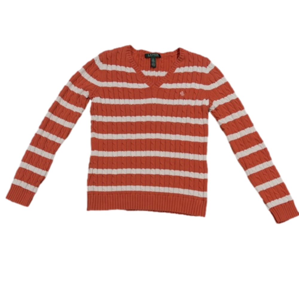 Lauren Ralph Lauren Striped Cable Knit V-Neck Long Sleeved Sweater - Size Small